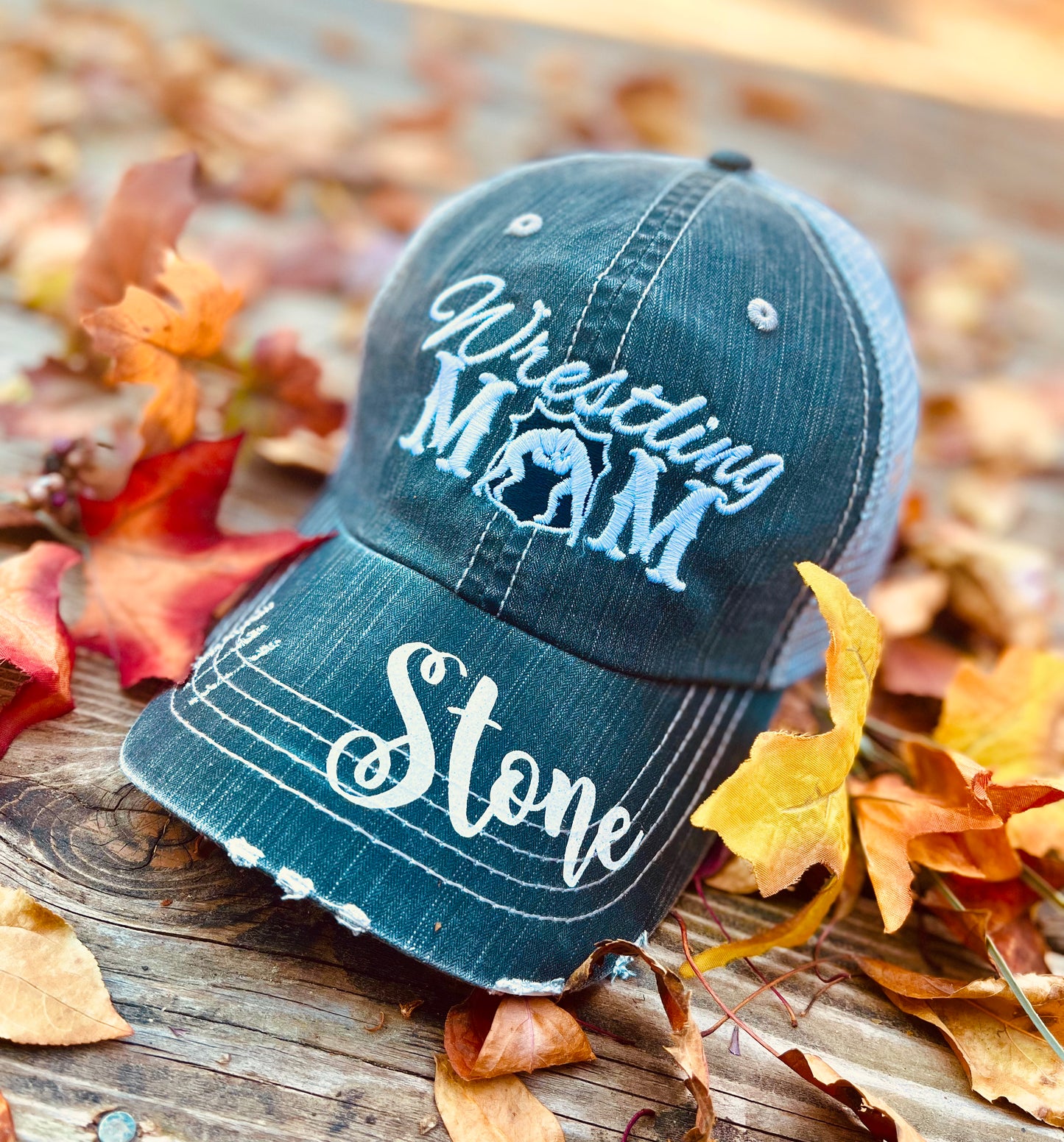 Wrestling mom hats Personalized embroidered gray womens trucker caps Sports Mama Bling