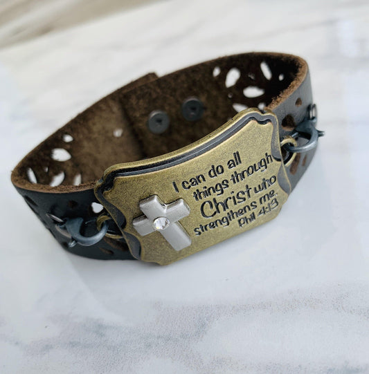 Bracelet | I can do all things through Christ who strengthens me Philippians 4:13 | Adjustable leather wrap - Stacy's Pink Martini Boutique