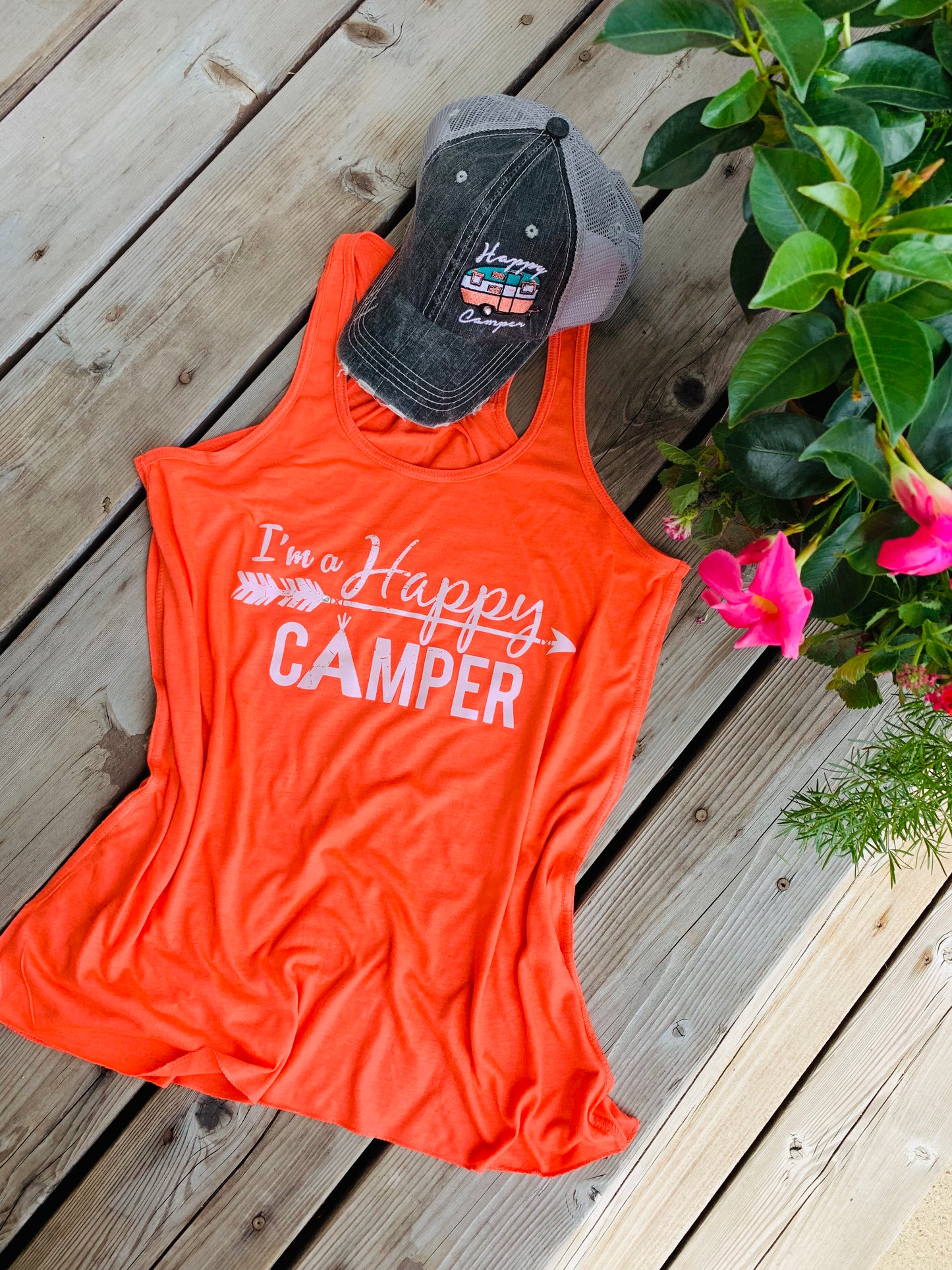 Hats or tanks { I'M A HAPPY CAMPER } { Camping hair don’t care } { Camping life } { Glamping hair don’t care } Embroidered distressed gray unisex trucker caps. Adjustable Velcro and hole for pony. RV there yet? - Stacy's Pink Martini Boutique