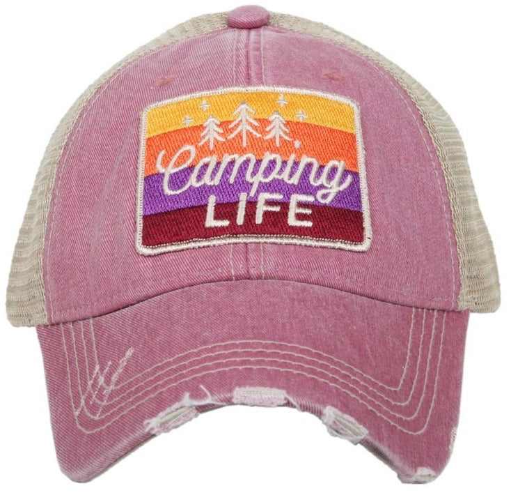 Hats or tanks { I'M A HAPPY CAMPER } { Camping hair don’t care } { Camping life } { Glamping hair don’t care } Embroidered distressed gray unisex trucker caps. Adjustable Velcro and hole for pony. RV there yet? - Stacy's Pink Martini Boutique