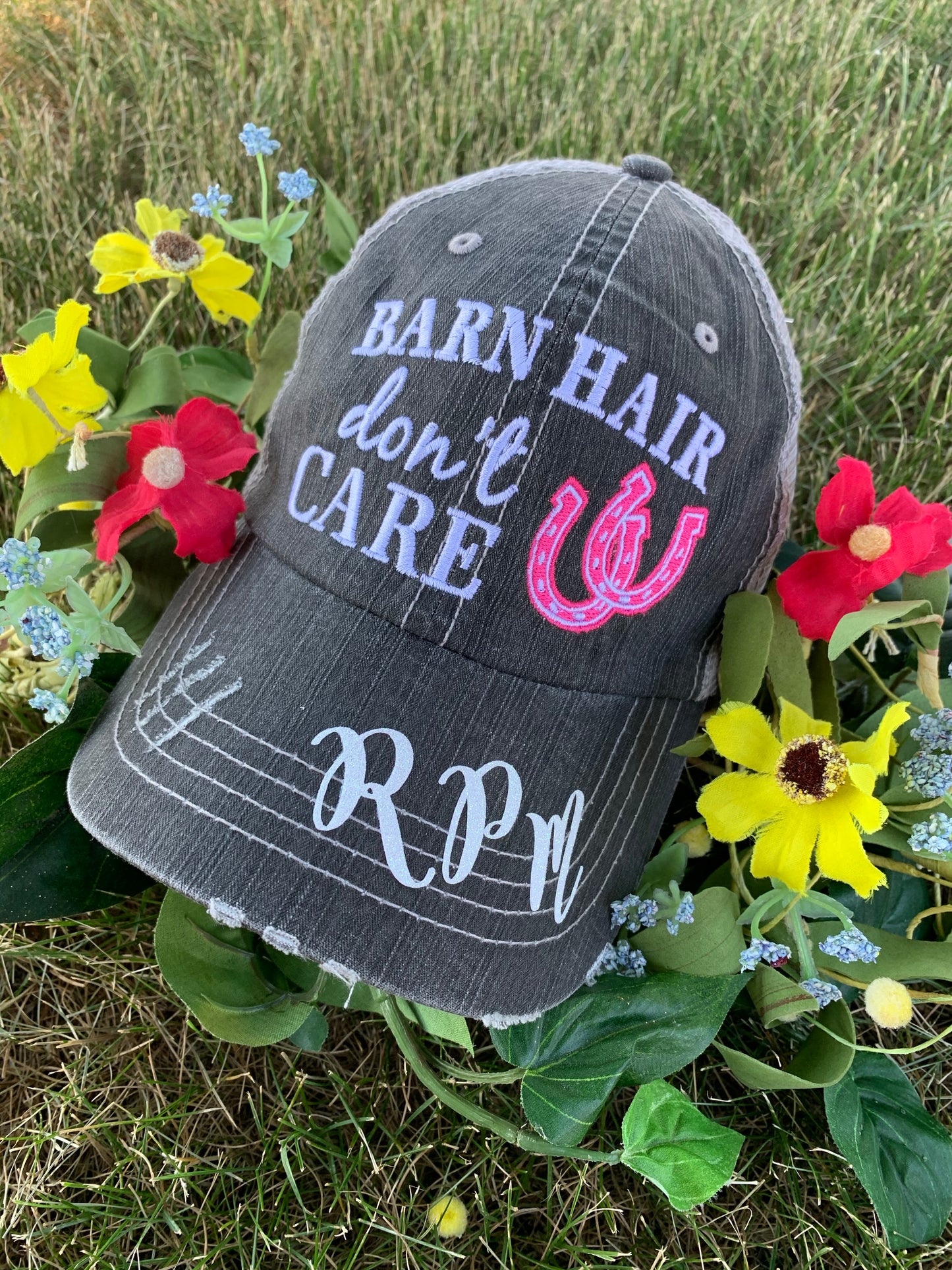 Barn Hats • Barn hair don’t care • Personalize • FREE SHIP! TEAL, PINK, WHITE horseshoe • Embroidered • Distressed • Horses - Stacy's Pink Martini Boutique
