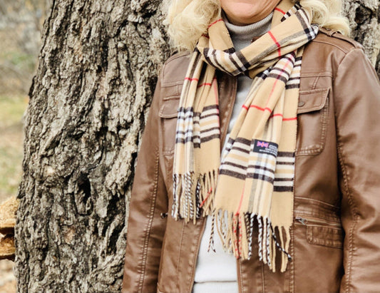 Scarf Camel vintage check designer inspired plaid Brown Red White Black Unisex - Stacy's Pink Martini Boutique