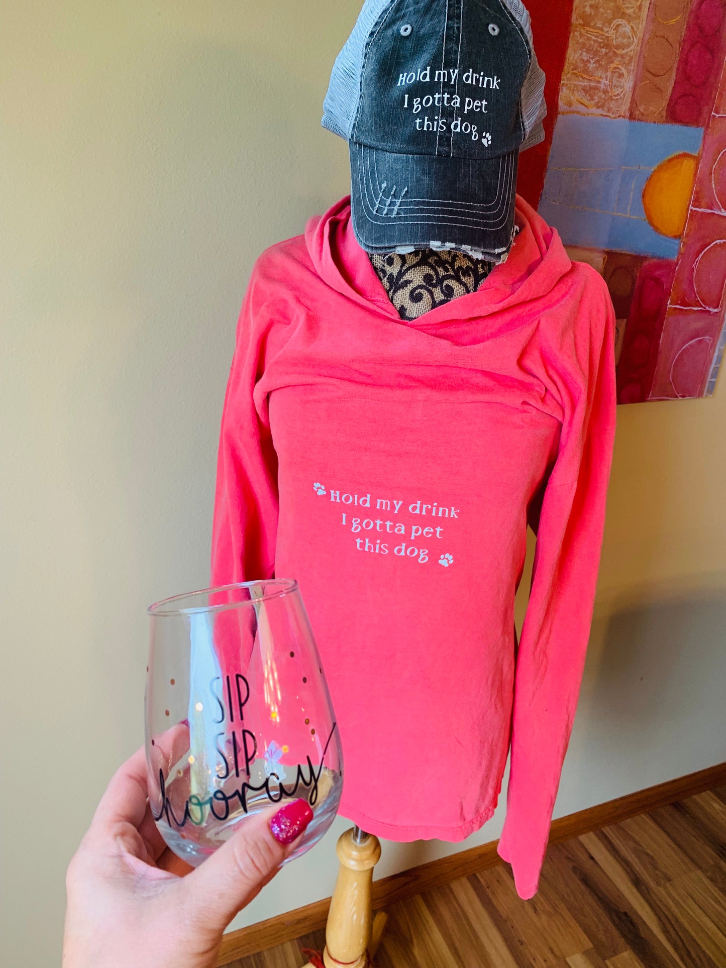 Hats and shirts { Hold my drink I gotta pet this dog } Customize by choosing hat options & clothing options. - Stacy's Pink Martini Boutique