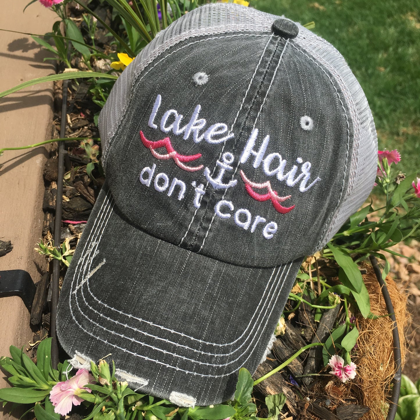 Lake hats! Lake hair dont care | Gray trucker cap-teal, pink, purple anchor | Unisex-Womens-Men-Kids - Stacy's Pink Martini Boutique
