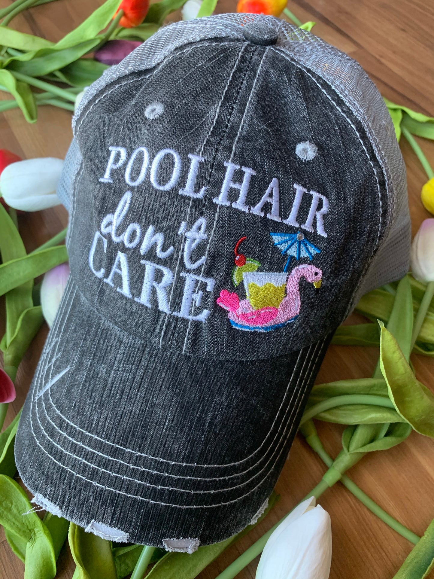 Pool hats Embroidered gray distressed unisex trucker caps Pool hair dont care Pool please Flamingos Flip flops - Stacy's Pink Martini Boutique