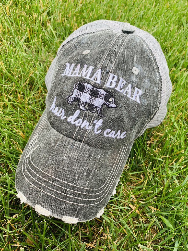 Hats, shirts, necklaces { Mama bear hair don't care. Gray with black and white buffalo plaid bear. Embroidered. Necklaces silver with option of bears. T-shirts XS - XL. - Stacy's Pink Martini Boutique