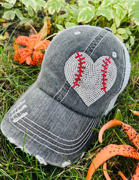 Rhinestone sports hats Football Baseball Basketball BLING rhinestones Gray distressed trucker hat Heart Game day Sports