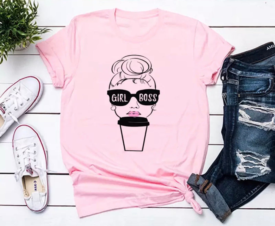 Girlboss | T-shirt | Coffee ~ Messy bun - Stacy's Pink Martini Boutique