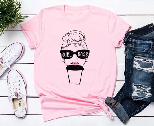 Girlboss | T-shirt | Coffee ~ Messy bun - Stacy's Pink Martini Boutique