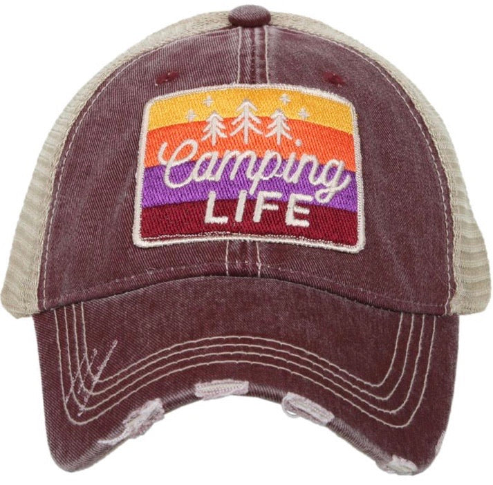 Hats or tanks { I'M A HAPPY CAMPER } { Camping hair don’t care } { Camping life } { Glamping hair don’t care } Embroidered distressed gray unisex trucker caps. Adjustable Velcro and hole for pony. RV there yet? - Stacy's Pink Martini Boutique