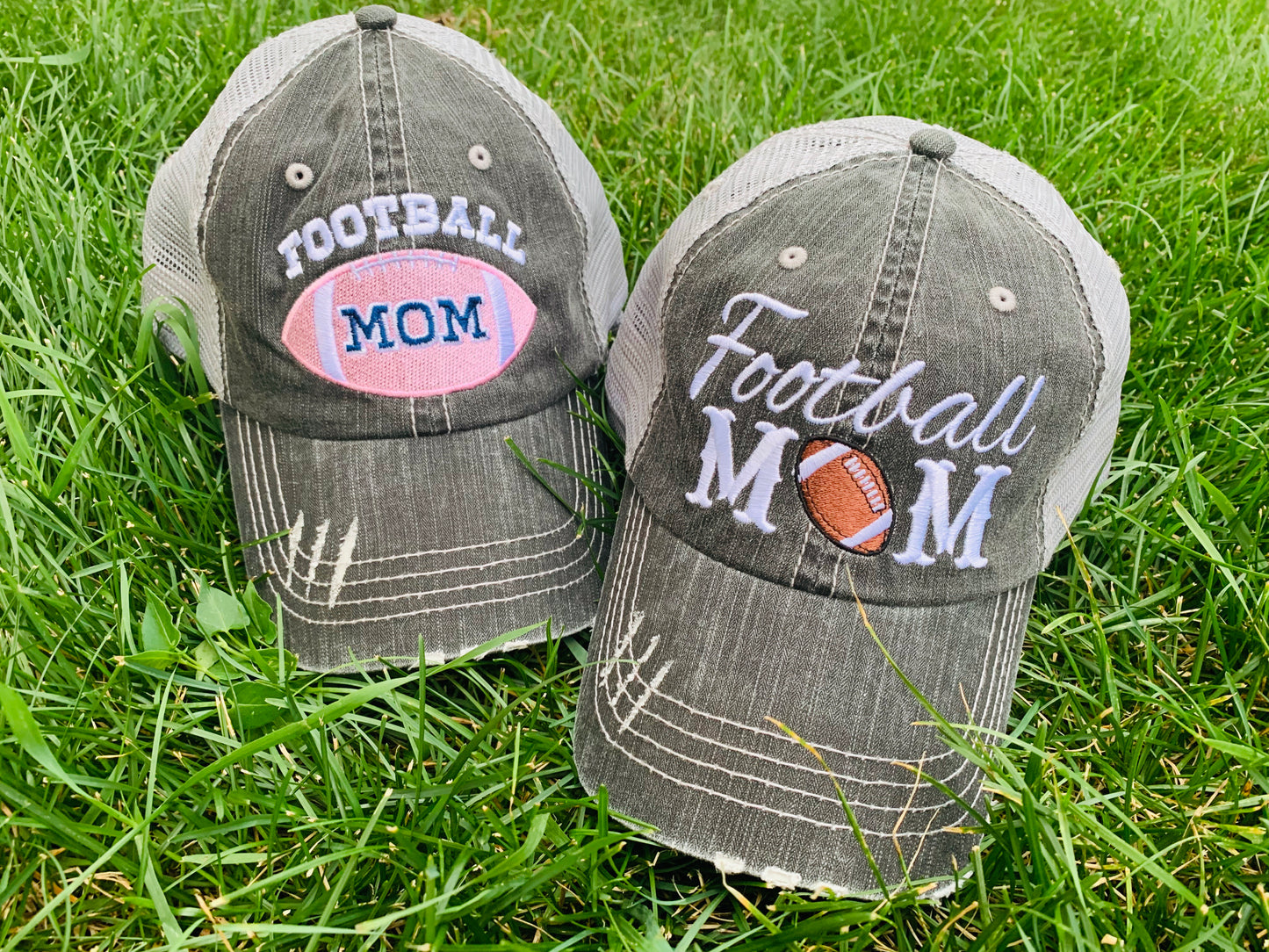 Personalized football hats! FOOTBALL Mom hats Embroidered trucker caps Assorted styles - Stacy's Pink Martini Boutique