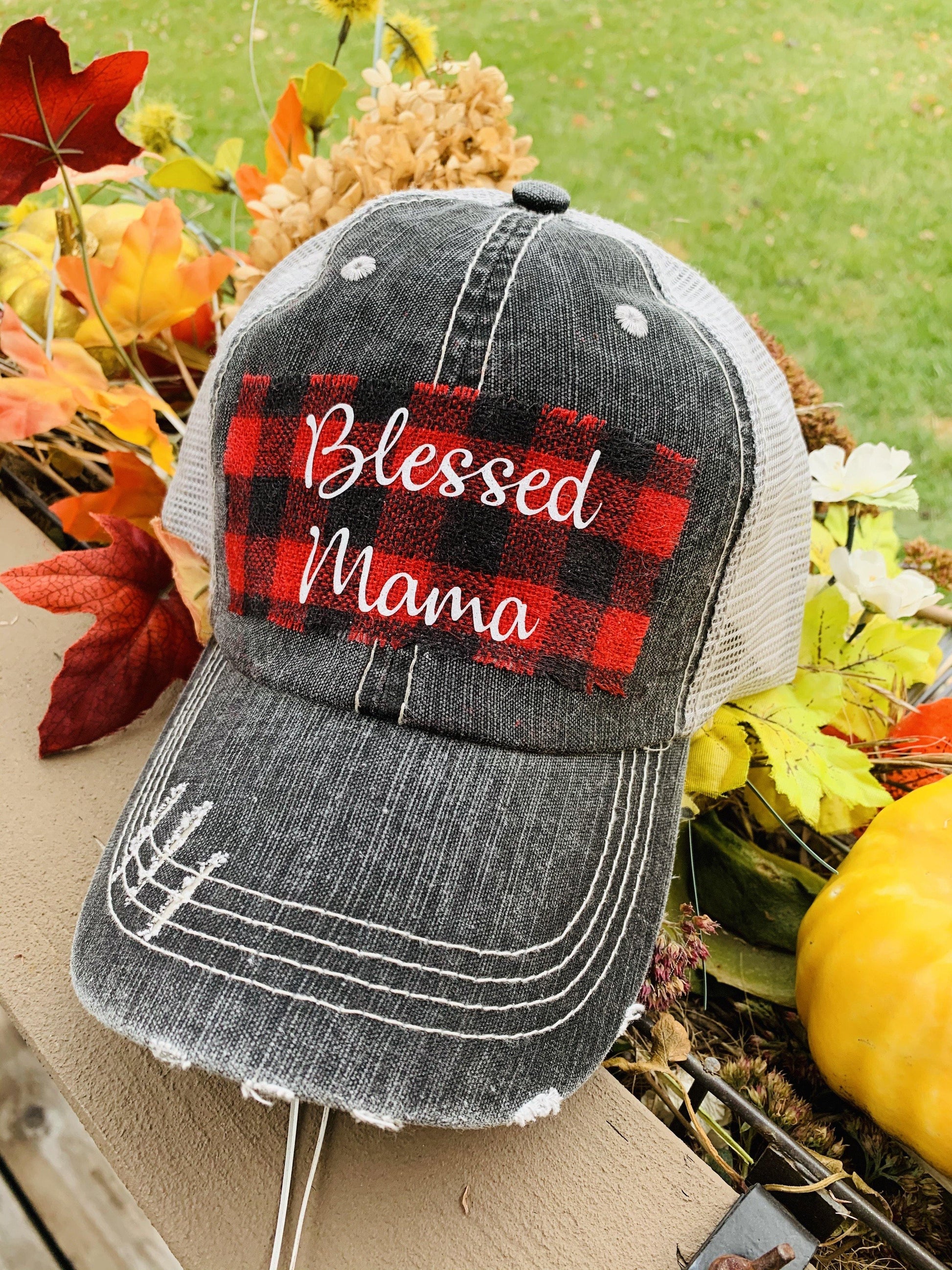 Hats { Blessed mama } Gray distressed with buffalo plaid in red and black check adjustable Velcro. Any custom sating available. - Stacy's Pink Martini Boutique