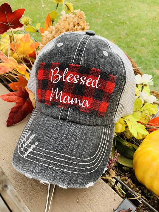 Hats { Blessed mama } Gray distressed with buffalo plaid in red and black check adjustable Velcro. Any custom sating available. - Stacy's Pink Martini Boutique