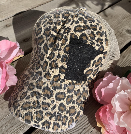 Leopard print state hats Minnesota or any state Baseball trucker cap animal print - Stacy's Pink Martini Boutique