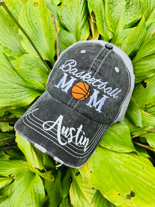 Basketball hats Basketball mom Personalized embroidered distressed gray womens trucker caps - Stacy's Pink Martini Boutique