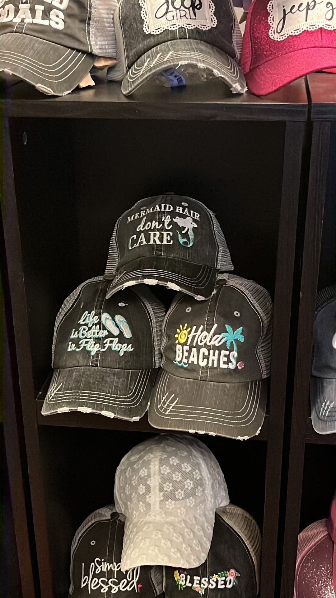 Pool hats Embroidered gray distressed unisex trucker caps Pool hair dont care Pool please Flamingos Flip flops - Stacy's Pink Martini Boutique