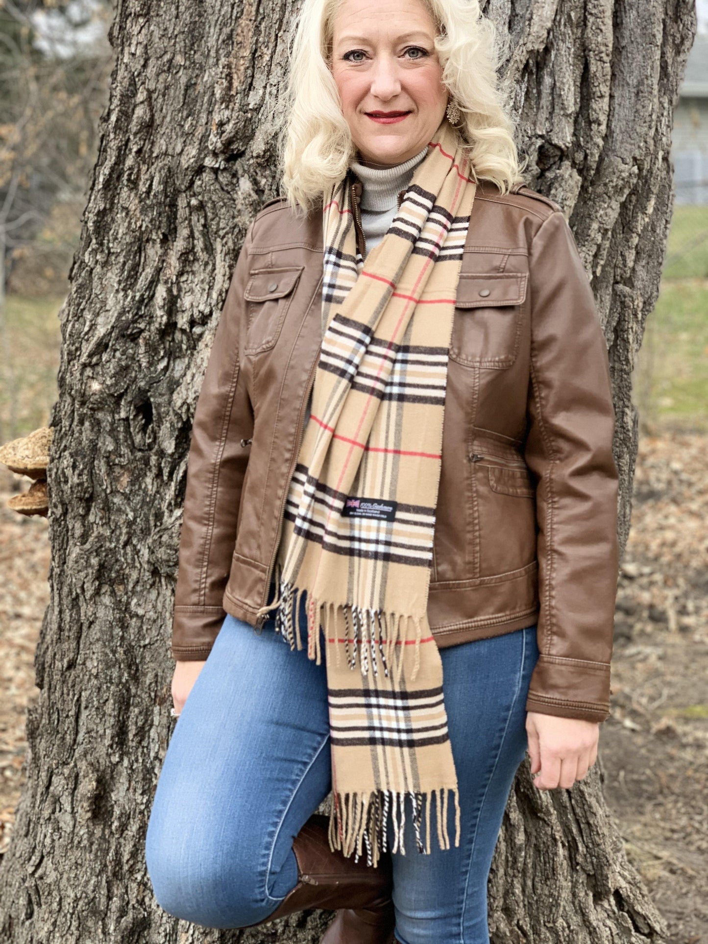 Scarf Camel vintage check designer inspired plaid Brown Red White Black Unisex - Stacy's Pink Martini Boutique
