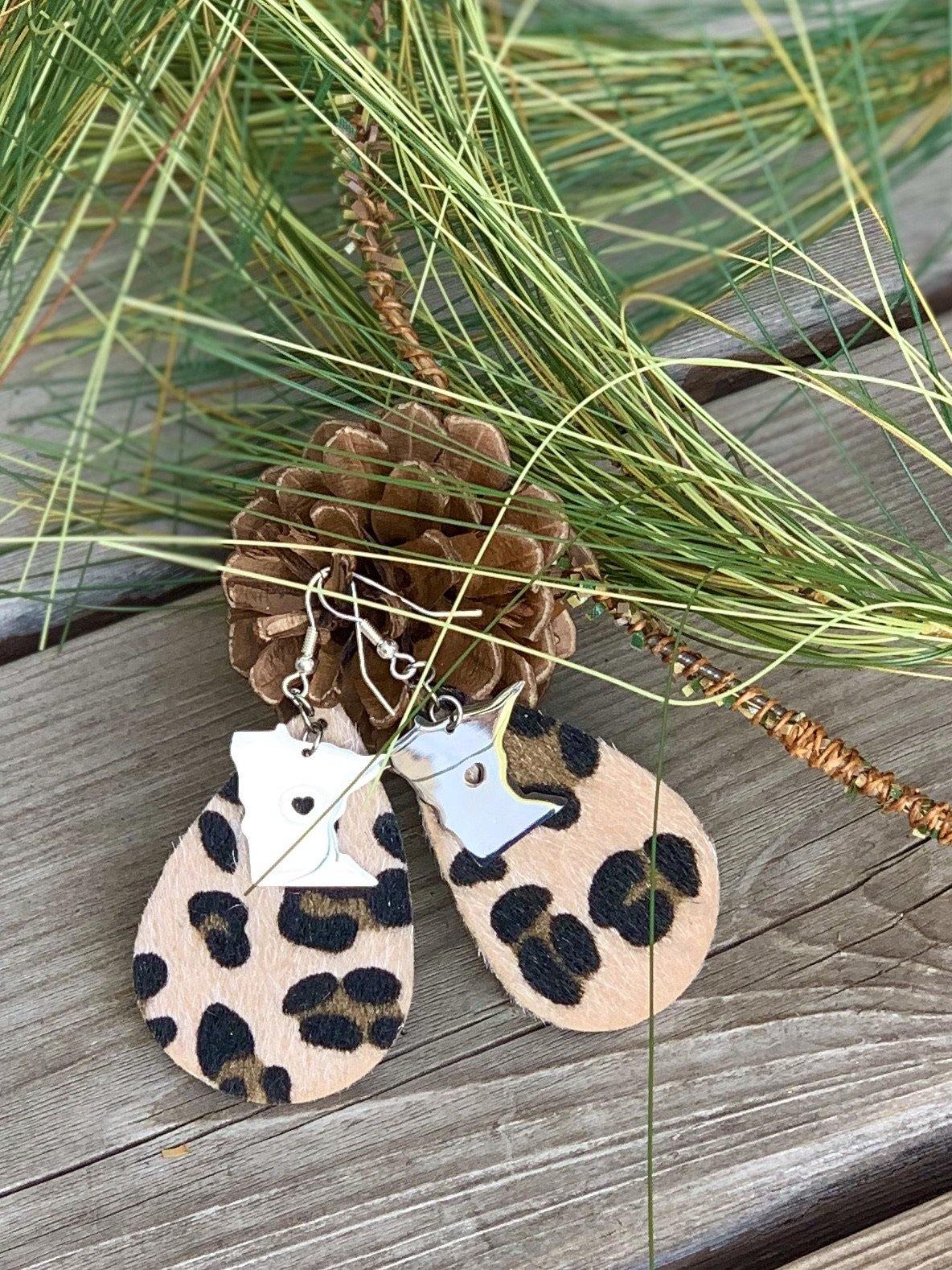 Earrings { Minnesota } Fur Leopard print teardrops with State of Mn or any state is available. Sterling silver state charms. Fish hook. - Stacy's Pink Martini Boutique