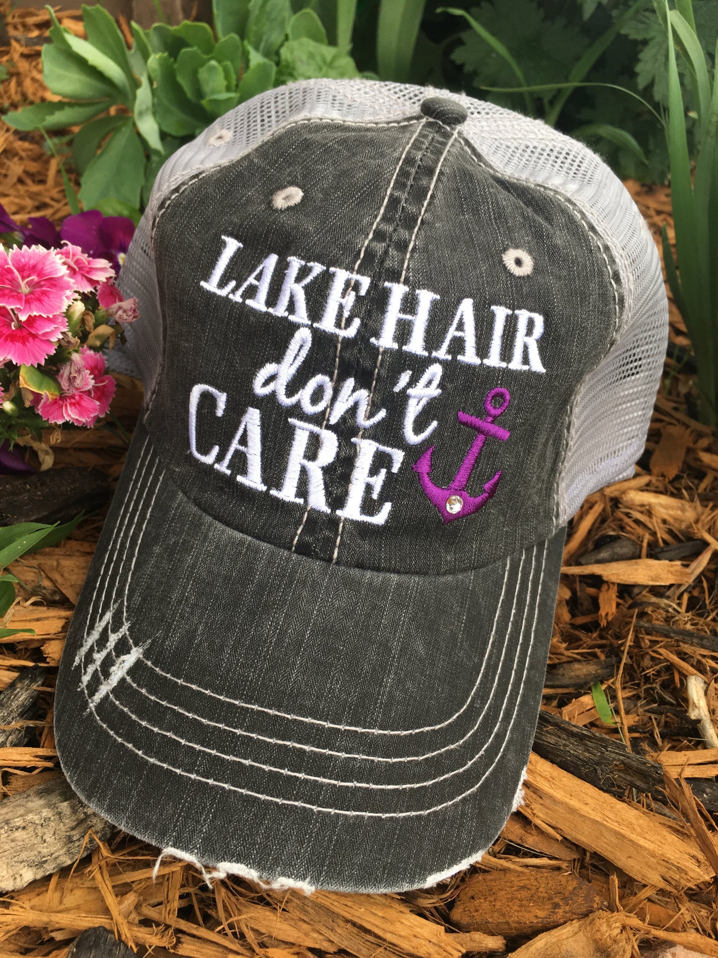 Lake hats! Lake hair dont care | Gray trucker cap-teal, pink, purple anchor | Unisex-Womens-Men-Kids - Stacy's Pink Martini Boutique