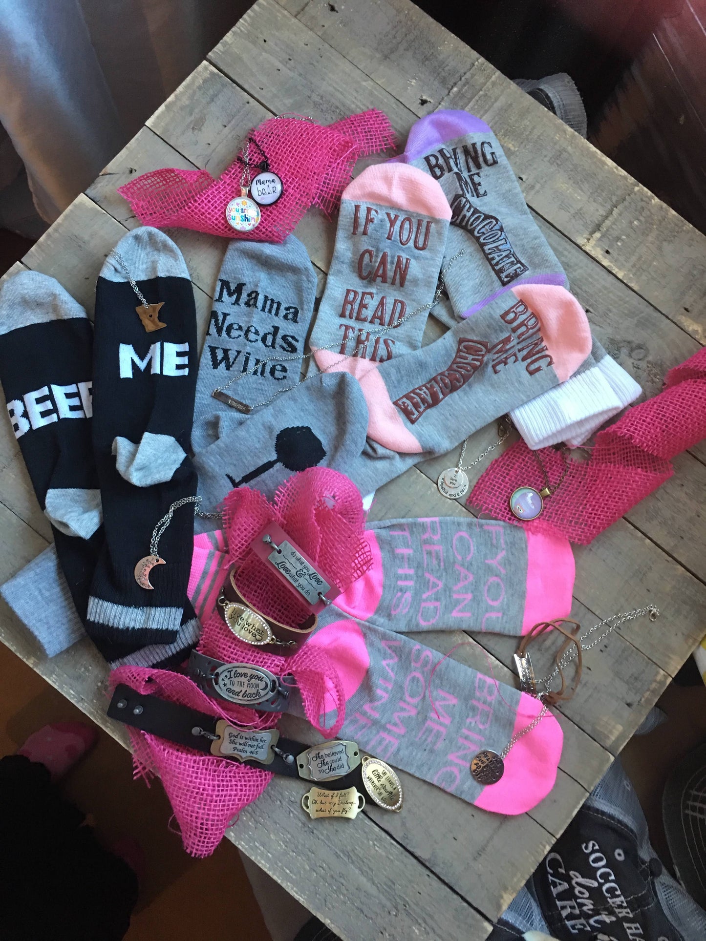 Socks! Wi-ne , be-er, coffee, chocolate, kisses, bacon! If you can read this bring me.... - Stacy's Pink Martini Boutique
