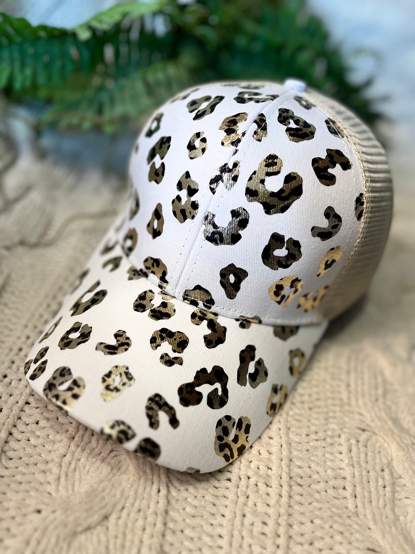 Blank metallic leopard animal print hats Cris cross elastic back with adjustable velkro Creamy white Ships TODAY!