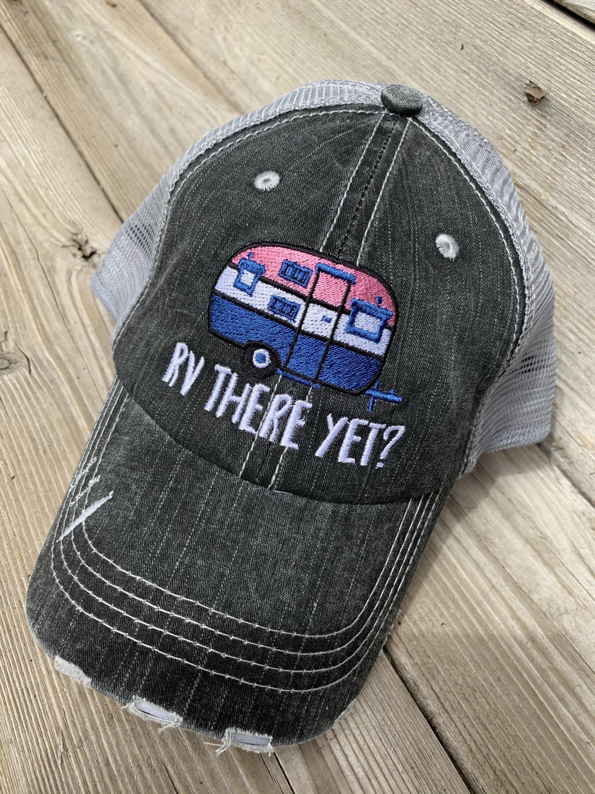 Camping hats { RV there yet? } Gray with pink & teal or gray with blue and pink. Embroidered distressed trucker cap with adjustable Velkro & hole for pony. Unisex. Vintage camper. Camping. - Stacy's Pink Martini Boutique