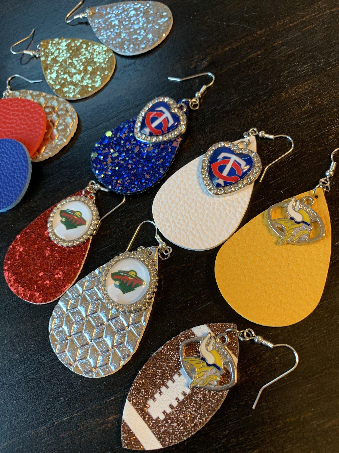 Earrings { Minnesota Twins Baseball } Blue, silver, white, red. Glitter, matte, embossed. Teardrop leather fish hook. - Stacy's Pink Martini Boutique