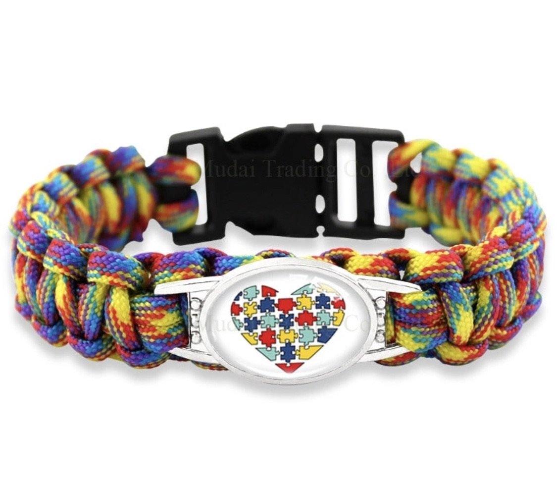 Bracelet { Autism } Rainbow colors. Heart. Puzzle pieces. Paracord. 8.7 inches. - Stacy's Pink Martini Boutique