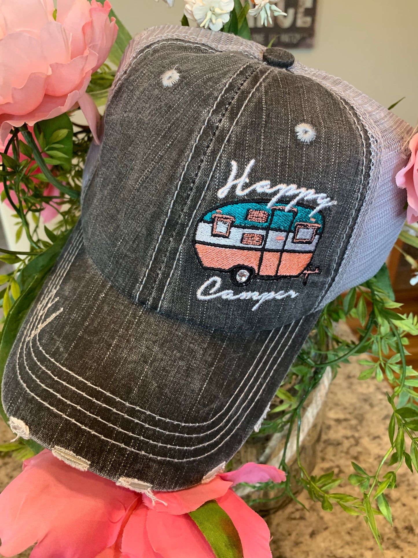 Hats or tanks { I'M A HAPPY CAMPER } { Camping hair don’t care } { Camping life } { Glamping hair don’t care } Embroidered distressed gray unisex trucker caps. Adjustable Velcro and hole for pony. RV there yet? - Stacy's Pink Martini Boutique