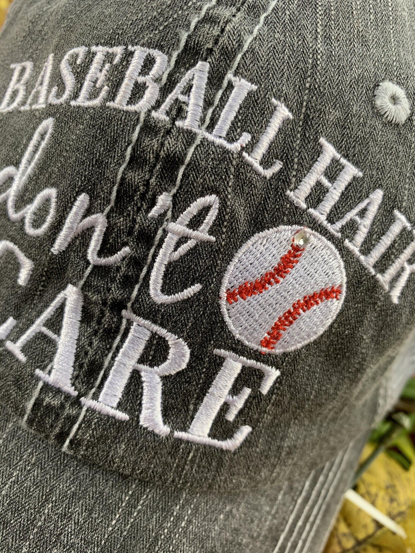 Baseball hat Baseball hair don’t care Embroidered gray distressed trucker cap - Stacy's Pink Martini Boutique
