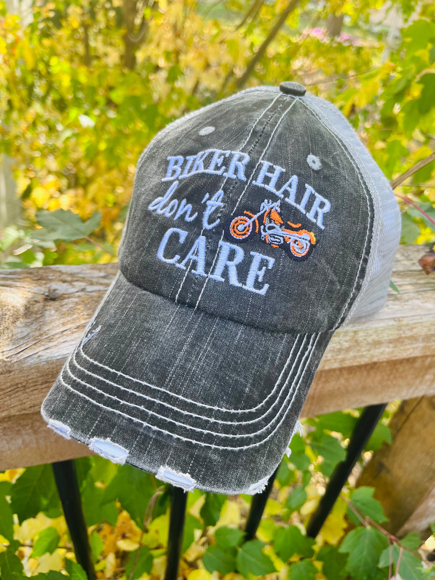 Motorcycle hats Biker hair dont care Embroidered trucker caps - Stacy's Pink Martini Boutique