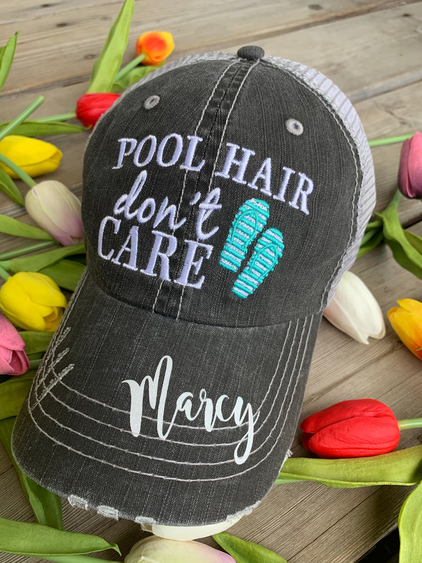 Pool hats Embroidered gray distressed unisex trucker caps Pool hair dont care Pool please Flamingos Flip flops - Stacy's Pink Martini Boutique