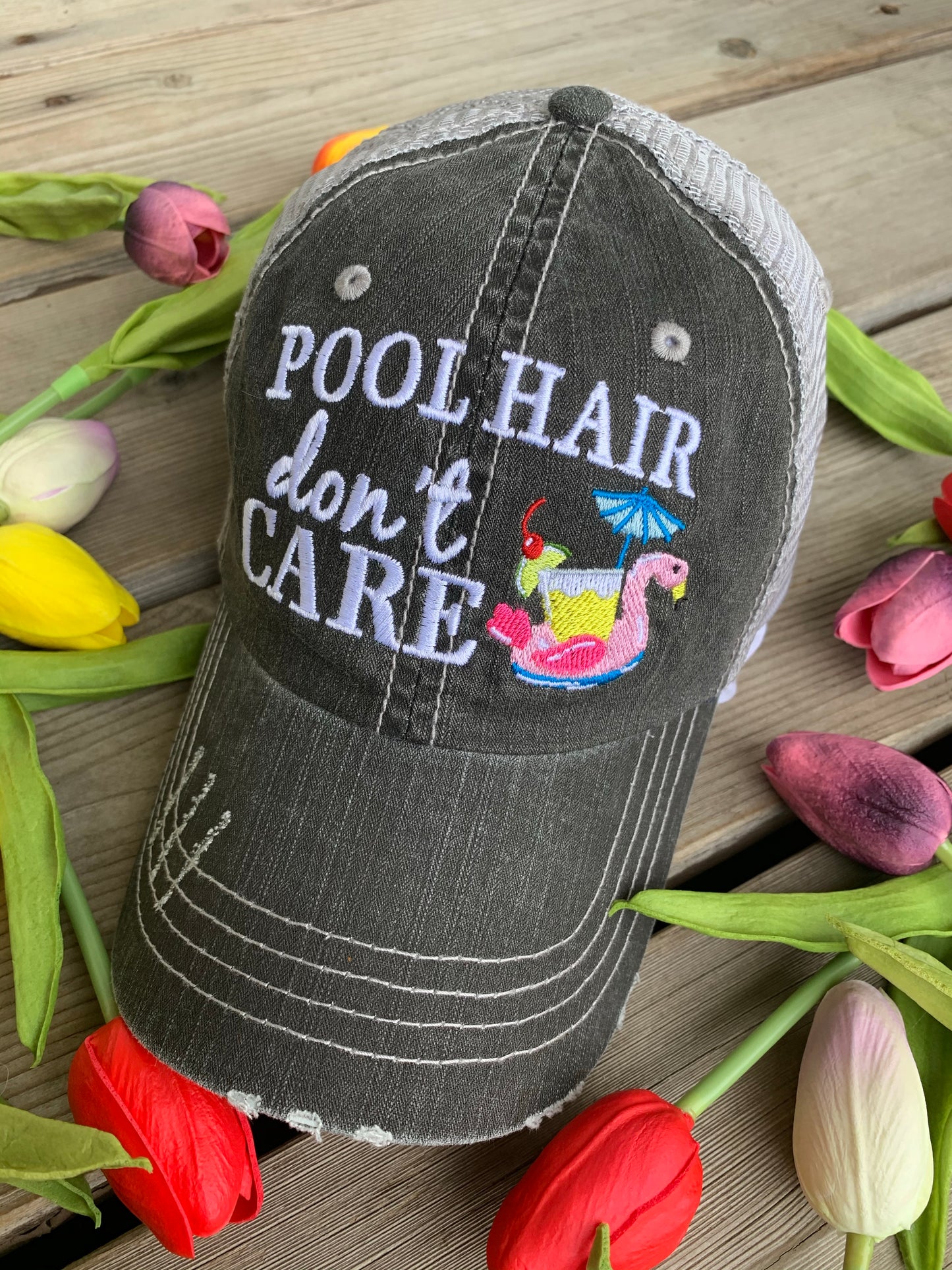 Pool hats Embroidered gray distressed unisex trucker caps Pool hair dont care Pool please Flamingos Flip flops - Stacy's Pink Martini Boutique