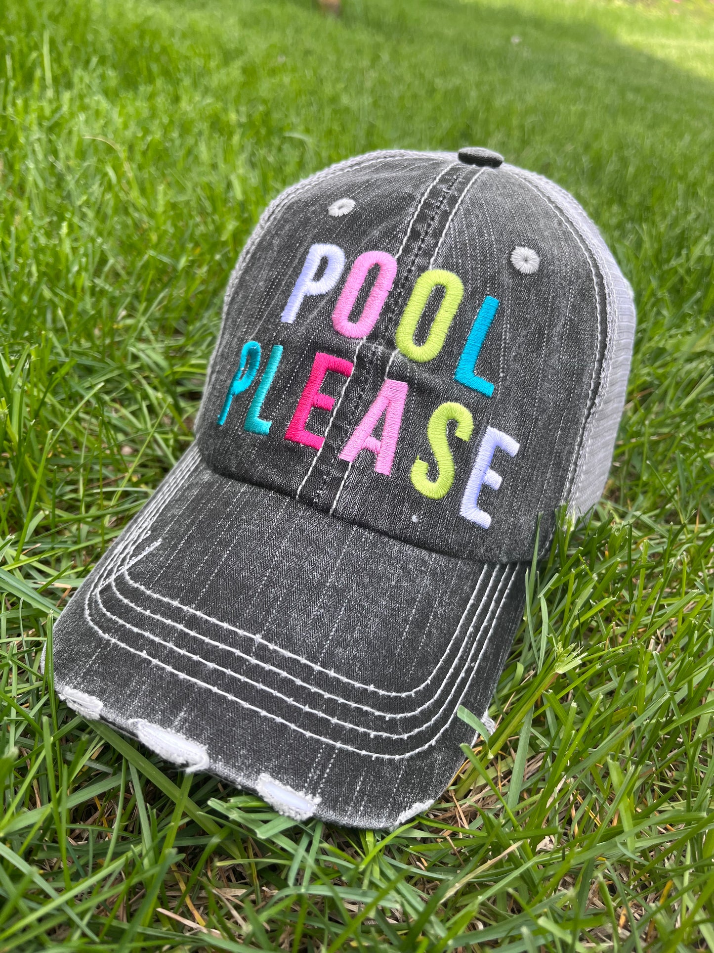 Pool hats Embroidered gray distressed unisex trucker caps Pool hair dont care Pool please Flamingos Flip flops - Stacy's Pink Martini Boutique