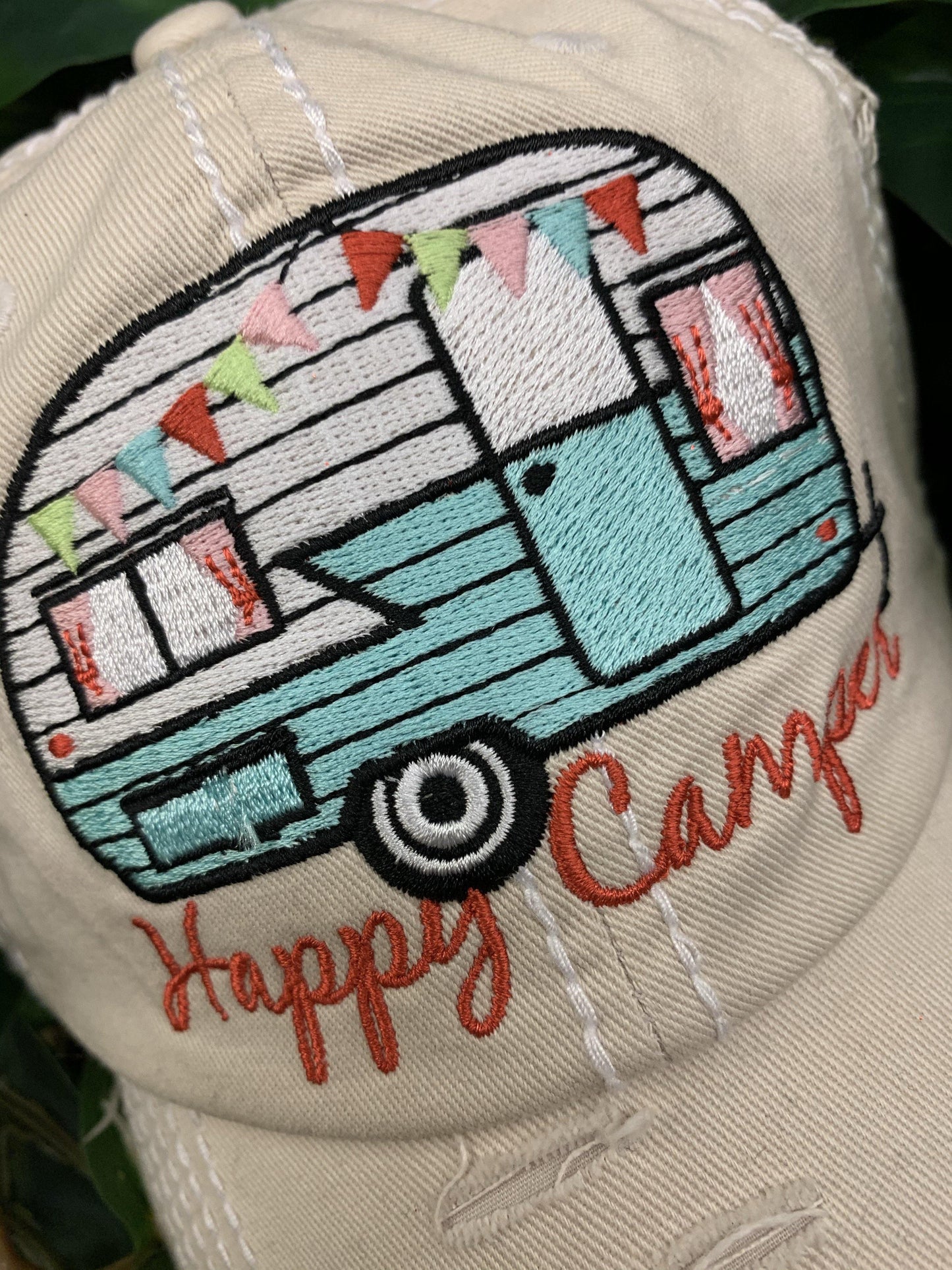 Happy camper Hats Embroidered distressed trucker caps - Stacy's Pink Martini Boutique