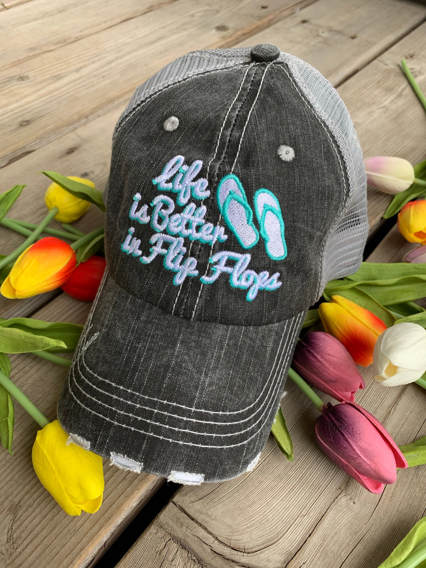 Pool hats Embroidered gray distressed unisex trucker caps Pool hair dont care Pool please Flamingos Flip flops - Stacy's Pink Martini Boutique