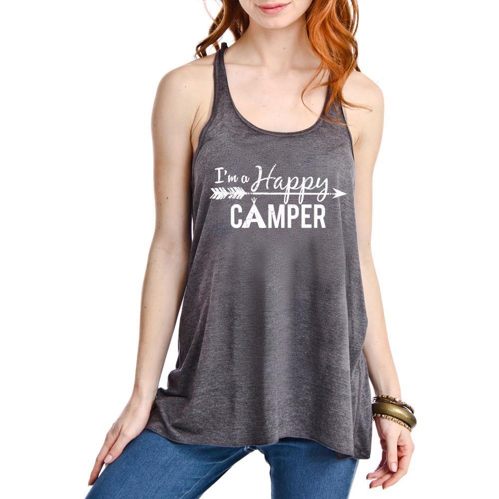 I’m a happy camper tank top •• Coral, teal, black, dark gray, light brown or white •• S - XXL - Stacy's Pink Martini Boutique