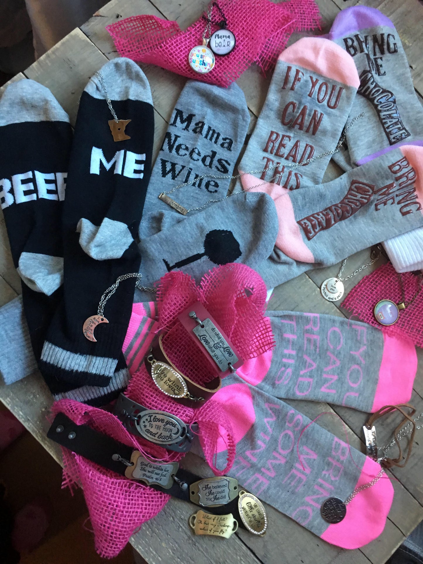 Socks! Wi-ne , be-er, coffee, chocolate, kisses, bacon! If you can read this bring me.... - Stacy's Pink Martini Boutique