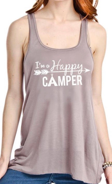 Hats or tanks { I'M A HAPPY CAMPER } { Camping hair don’t care } { Camping life } { Glamping hair don’t care } Embroidered distressed gray unisex trucker caps. Adjustable Velcro and hole for pony. RV there yet? - Stacy's Pink Martini Boutique