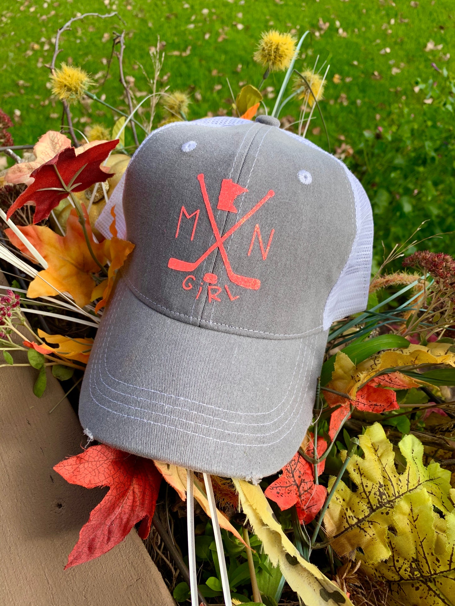 Hats { Mn Girl } Hockey sticks and hockey puck. State of Minnesota or any state available. See assorted colors. Trucker. Unisex. Adjustable snap back. - Stacy's Pink Martini Boutique