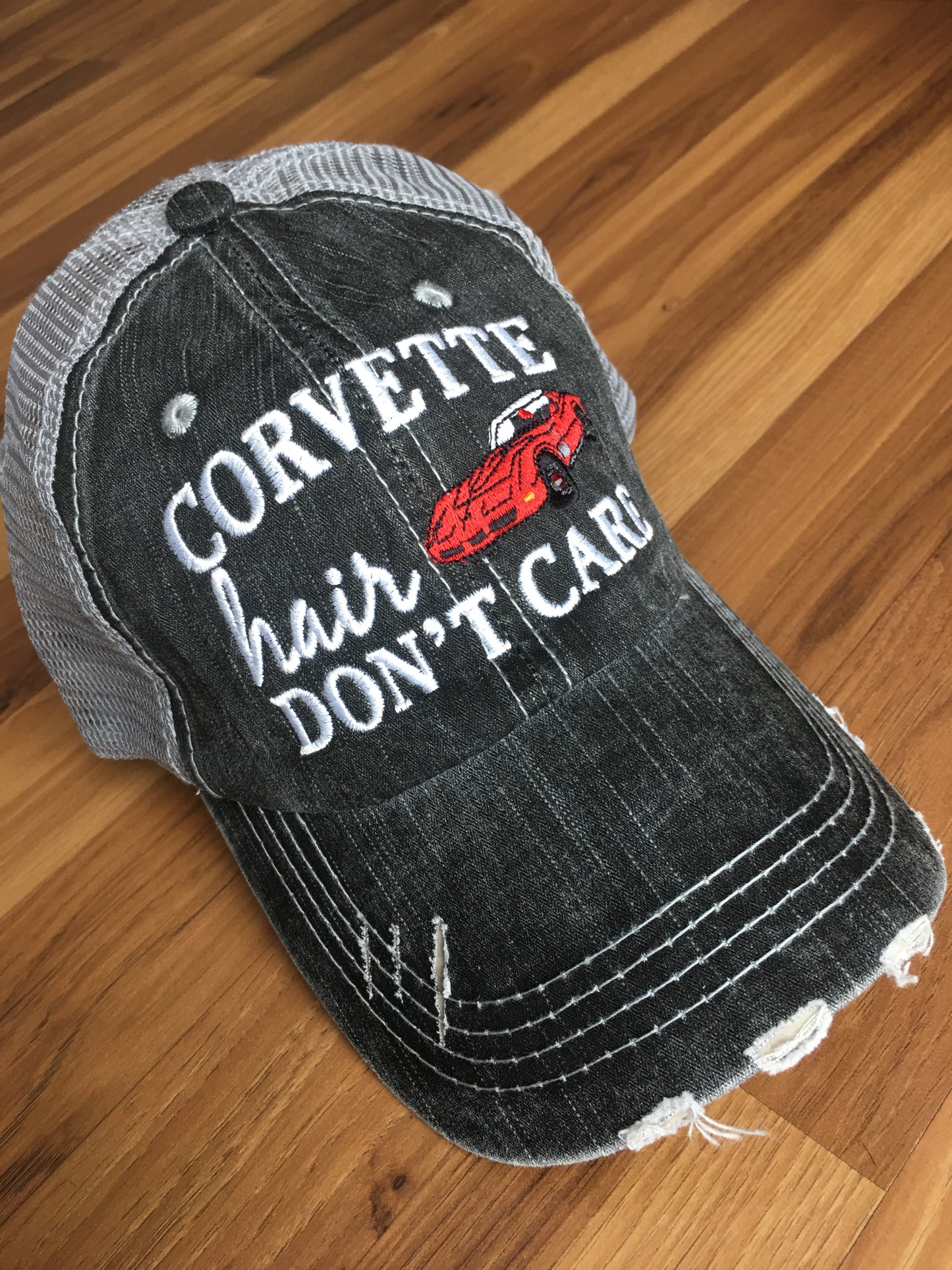 Corvette hats { Corvette hair don't care } Customize • Gray distressed trucker caps • Unisex • Car hat - Stacy's Pink Martini Boutique