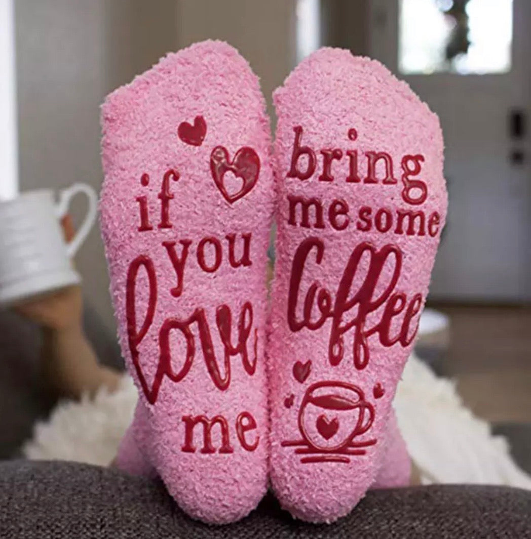 Socks. If you love me bring me some coffee. If you love me bring me some wine. If you love me bring me some chocolate. Pink. Fluffy. Hearts. - Stacy's Pink Martini Boutique