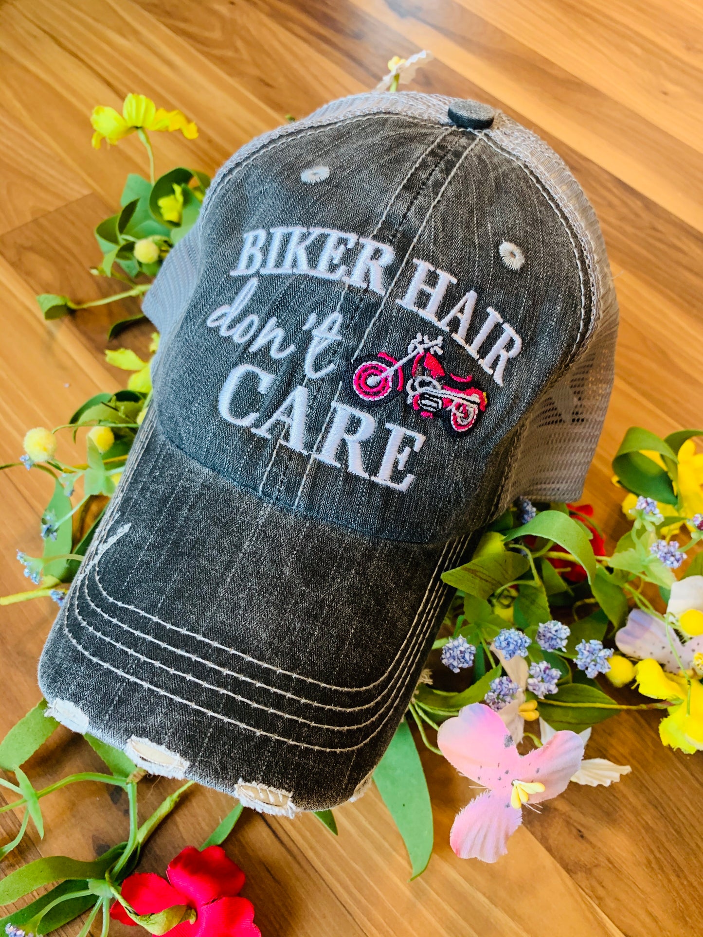 Pool hats Embroidered gray distressed unisex trucker caps Pool hair dont care Pool please Flamingos Flip flops - Stacy's Pink Martini Boutique