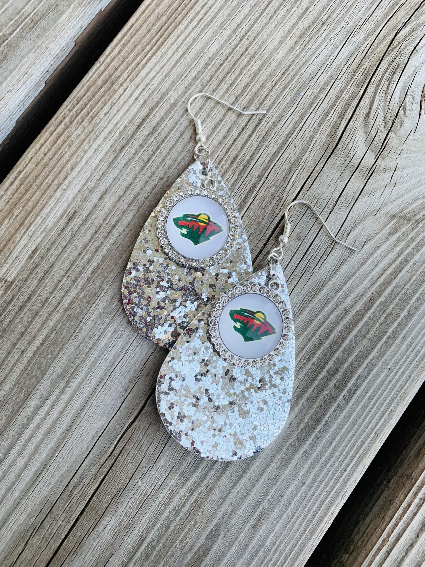 Earrings { Minnesota Twins Baseball } Blue, silver, white, red. Glitter, matte, embossed. Teardrop leather fish hook. - Stacy's Pink Martini Boutique