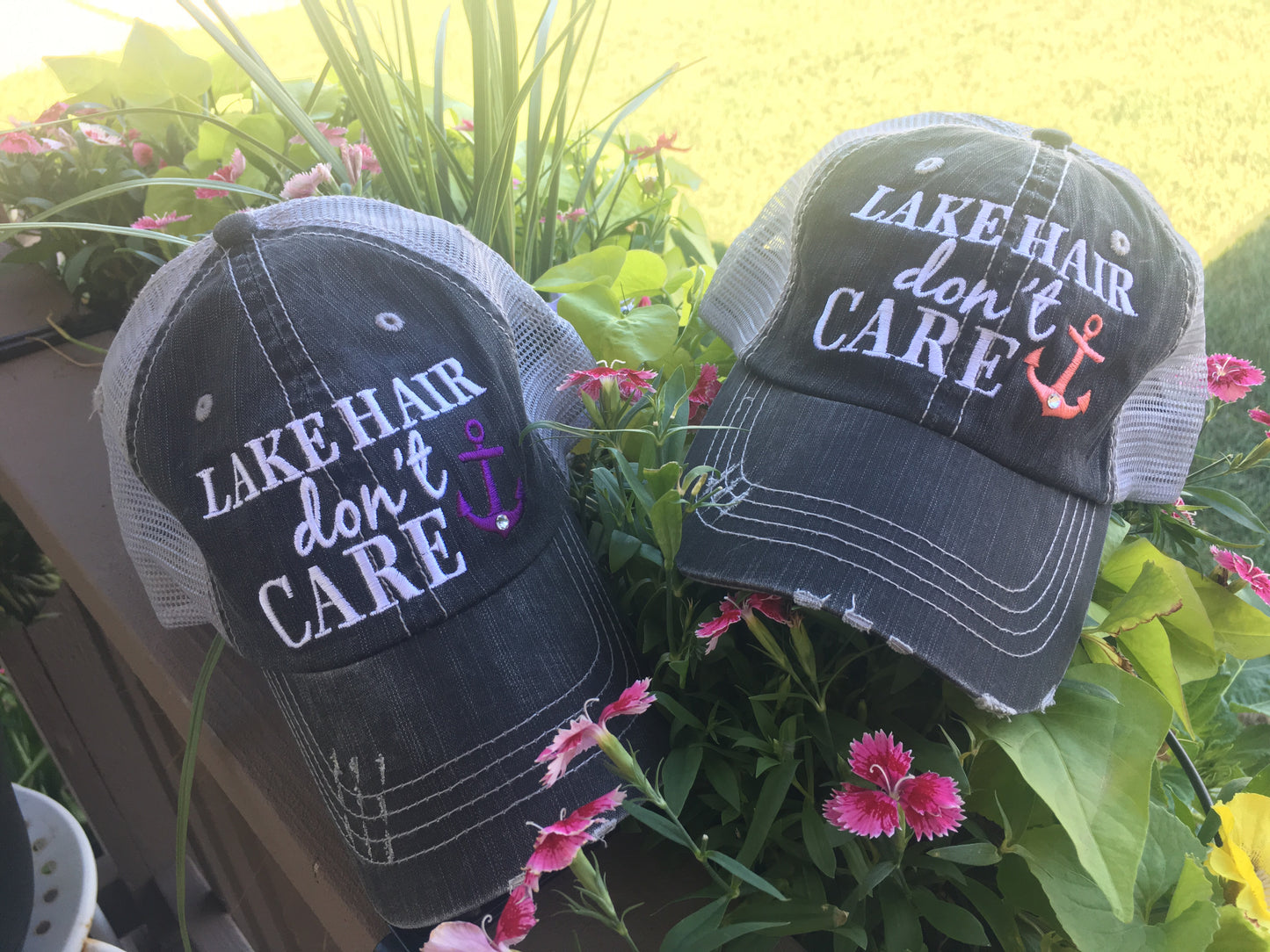 Lake hats! Lake hair dont care | Gray trucker cap-teal, pink, purple anchor | Unisex-Womens-Men-Kids - Stacy's Pink Martini Boutique