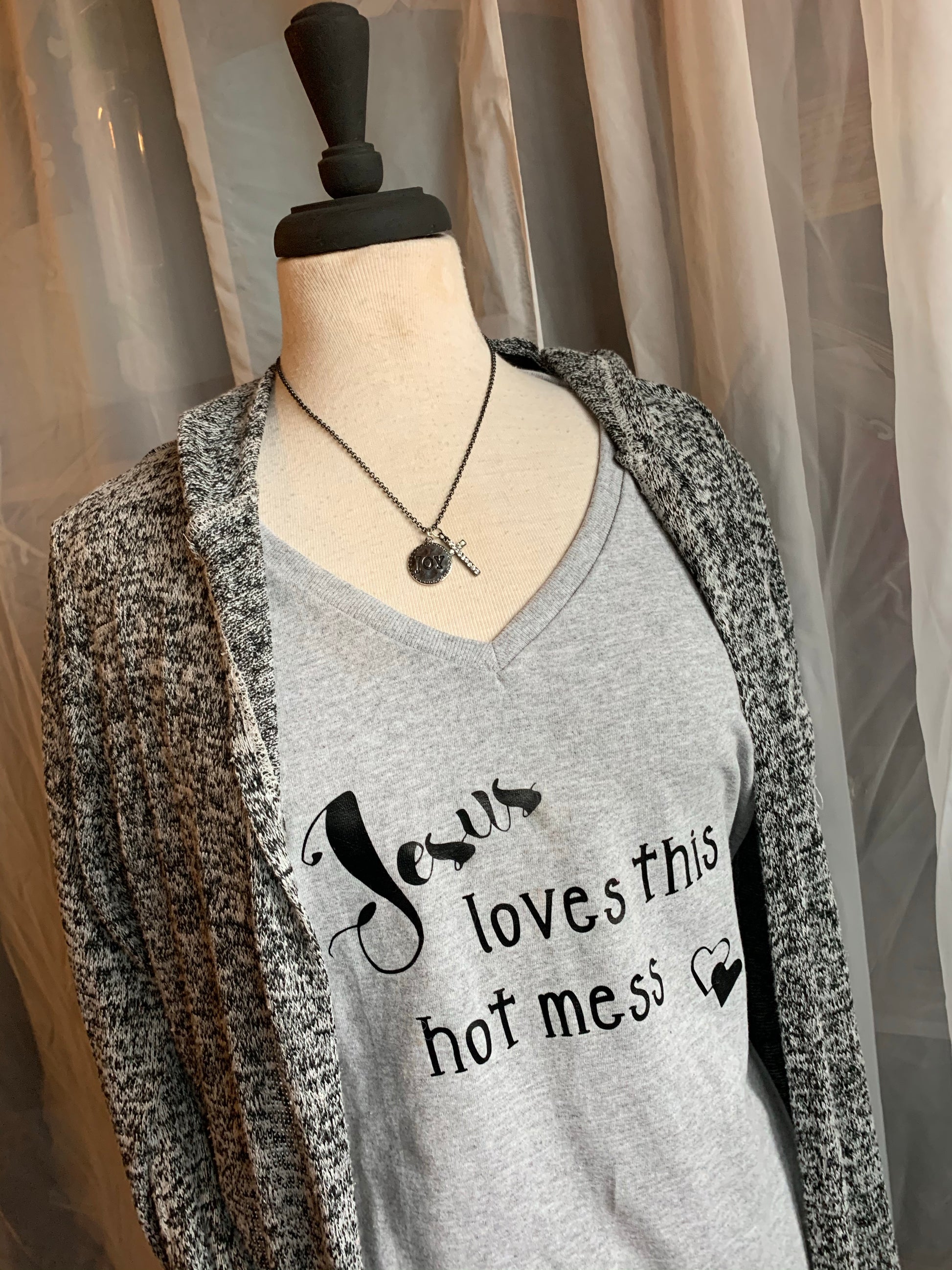 Shirt { Jesus loves this hot mess } Vneck. Gray, black, purple. - Stacy's Pink Martini Boutique