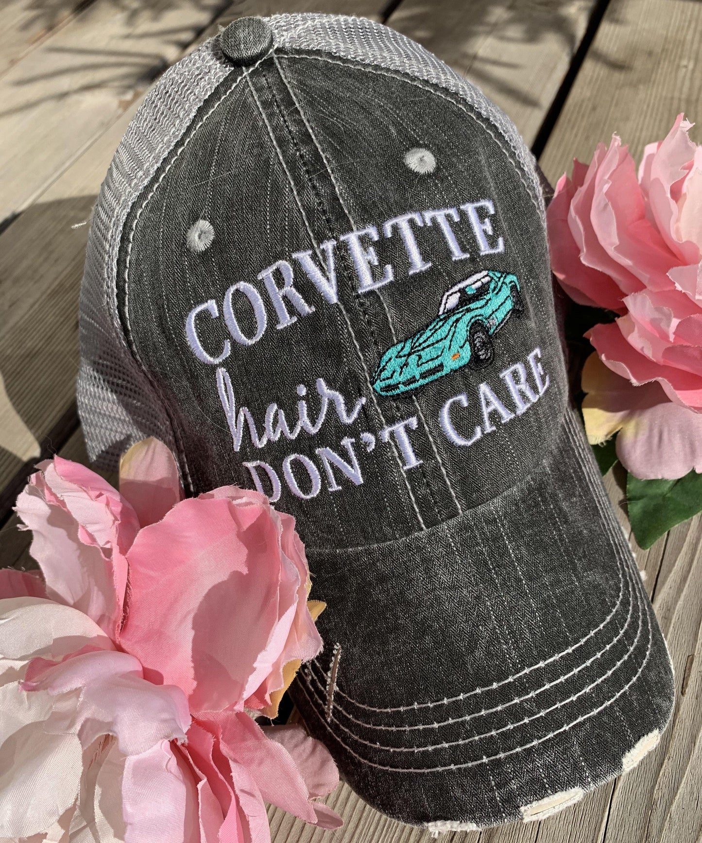 Corvette hats { Corvette hair don't care } Customize • Gray distressed trucker caps • Unisex • Car hat - Stacy's Pink Martini Boutique