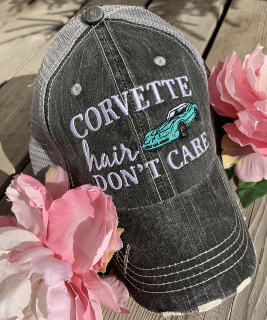 Corvette hats { Corvette hair don't care } Customize • Gray distressed trucker caps • Unisex • Car hat - Stacy's Pink Martini Boutique