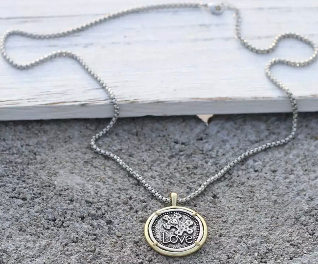 Necklace { Autism } Puzzle piece • Love • Silver and gold • 24 inch chain - Stacy's Pink Martini Boutique