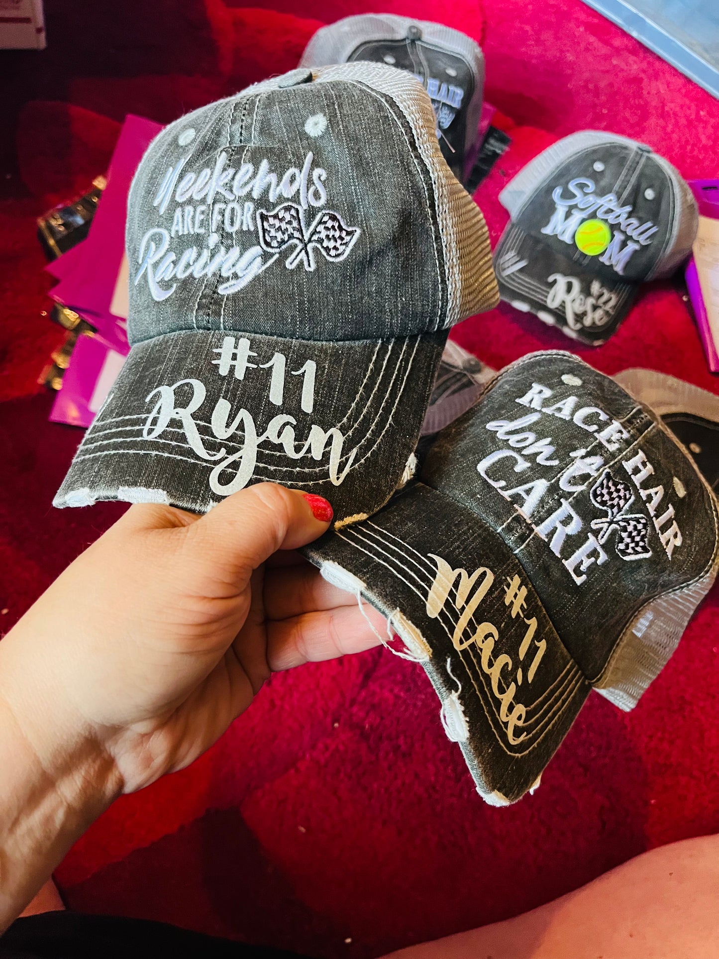 Personalized Racing hats Weekends are for racing Race hair dont care Raceday is the best day - Stacy's Pink Martini Boutique